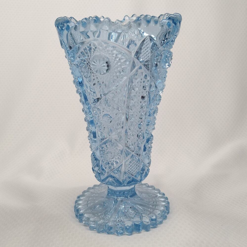 Imperial Glass Blue Octagon Hobstar 536 Footed Vase Art Deco 1930s Vintage